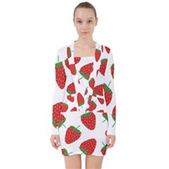 Seamless Pattern Fresh Strawberry V-neck Bodycon Long Sleeve Dress by Vaneshart