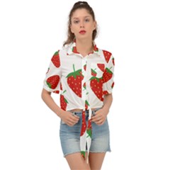 Seamless Pattern Fresh Strawberry Tie Front Shirt 