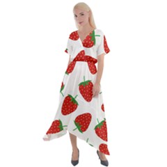 Seamless Pattern Fresh Strawberry Cross Front Sharkbite Hem Maxi Dress