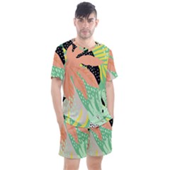 Abstract Seamless Pattern With Tropical Leaves Hand Draw Texture Vector Men s Mesh Tee And Shorts Set