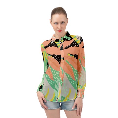 Abstract Seamless Pattern With Tropical Leaves Hand Draw Texture Vector Long Sleeve Chiffon Shirt by Vaneshart