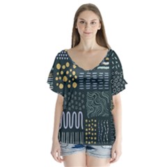 Mixed Background Patterns V-neck Flutter Sleeve Top by Vaneshart