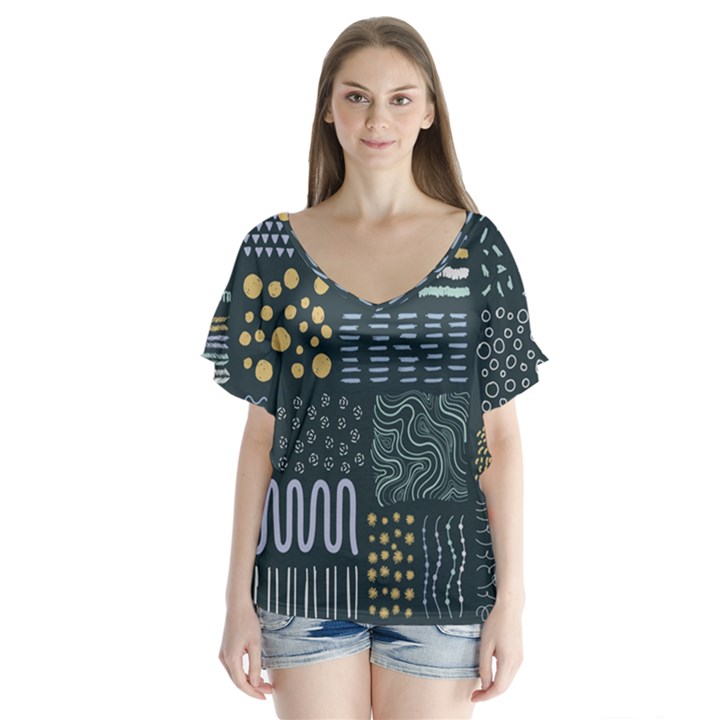 Mixed Background Patterns V-Neck Flutter Sleeve Top