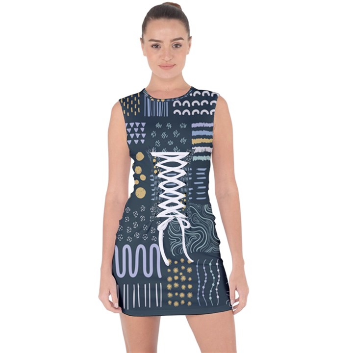 Mixed Background Patterns Lace Up Front Bodycon Dress