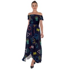 Memphis Seamless Patterns Abstract Jumble Textures Off Shoulder Open Front Chiffon Dress