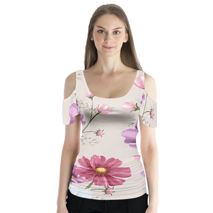 Vector Hand Drawn Cosmos Flower Pattern Butterfly Sleeve Cutout Tee 