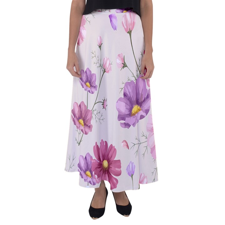 Vector Hand Drawn Cosmos Flower Pattern Flared Maxi Skirt