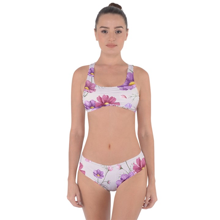 Vector Hand Drawn Cosmos Flower Pattern Criss Cross Bikini Set