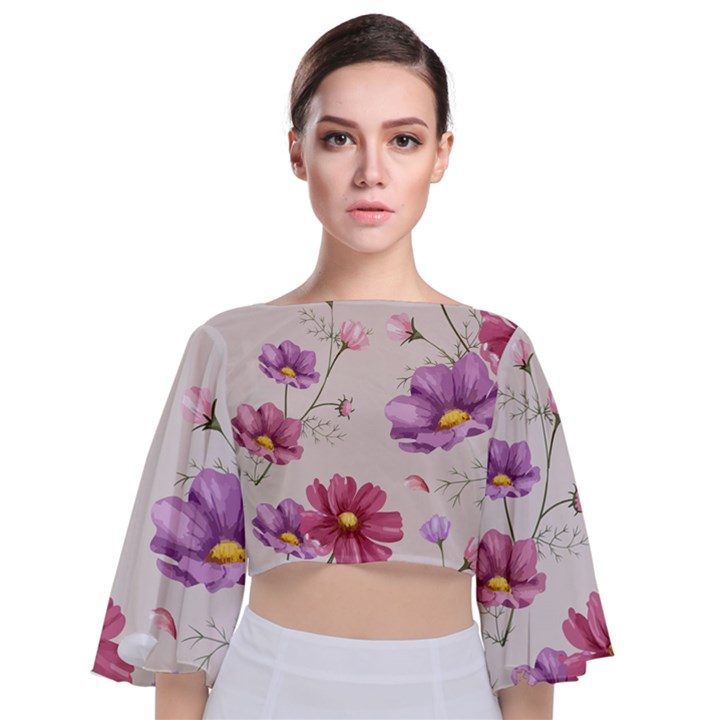 Vector Hand Drawn Cosmos Flower Pattern Tie Back Butterfly Sleeve Chiffon Top