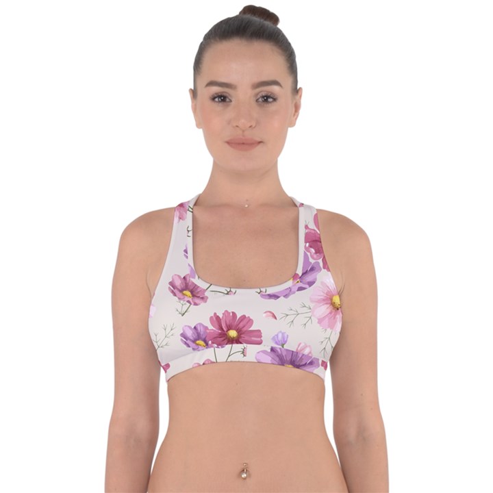 Vector Hand Drawn Cosmos Flower Pattern Cross Back Hipster Bikini Top 