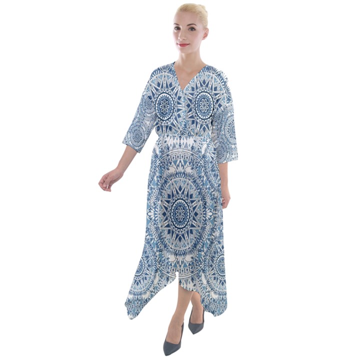 Boho Pattern Style Graphic Vector Quarter Sleeve Wrap Front Maxi Dress