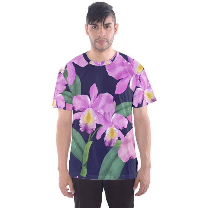 Vector Hand Drawn Orchid Flower Pattern Men s Sports Mesh Tee