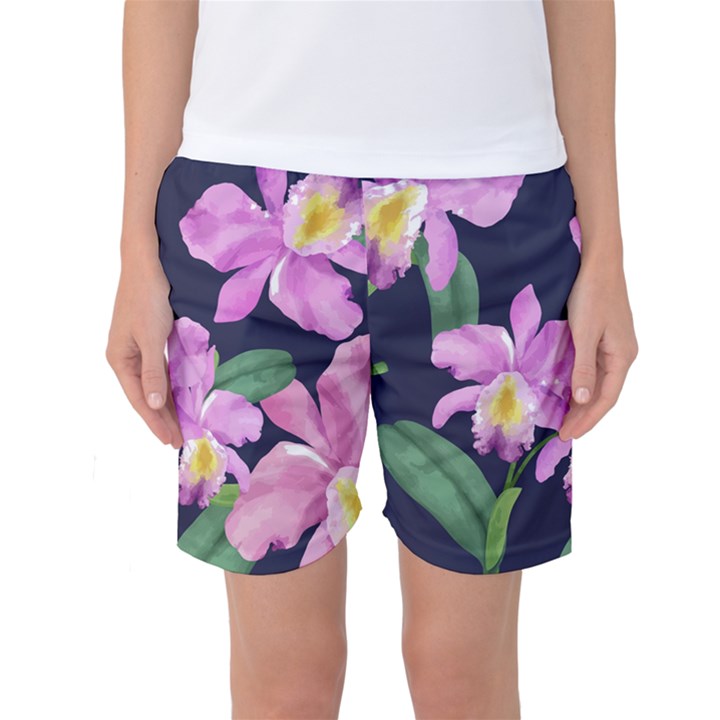 Vector Hand Drawn Orchid Flower Pattern Women s Basketball Shorts