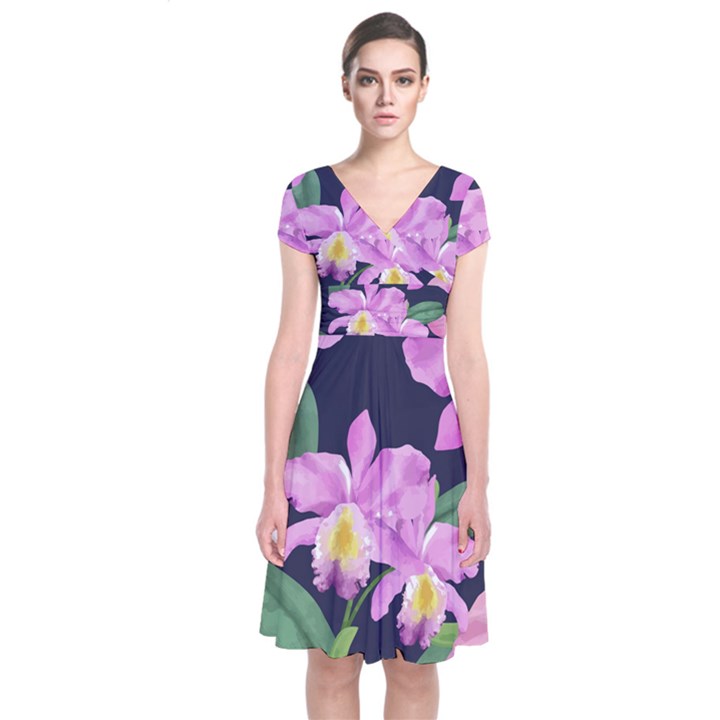 Vector Hand Drawn Orchid Flower Pattern Short Sleeve Front Wrap Dress