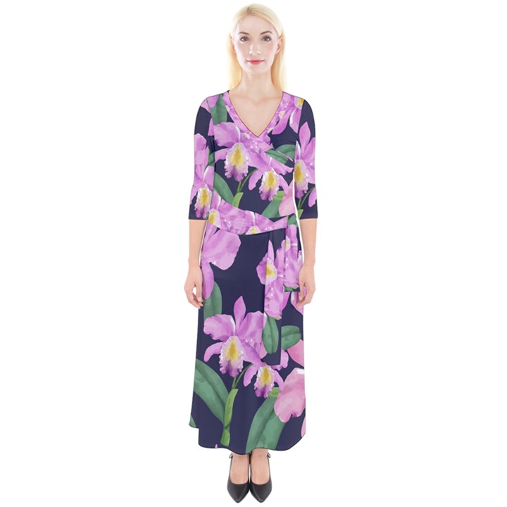 Vector Hand Drawn Orchid Flower Pattern Quarter Sleeve Wrap Maxi Dress