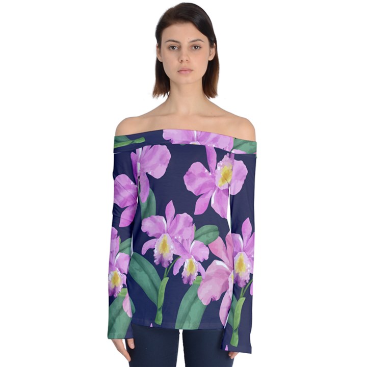 Vector Hand Drawn Orchid Flower Pattern Off Shoulder Long Sleeve Top