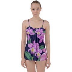 Vector Hand Drawn Orchid Flower Pattern Babydoll Tankini Set by Sobalvarro