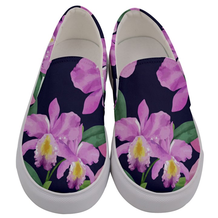 Vector Hand Drawn Orchid Flower Pattern Men s Canvas Slip Ons