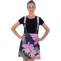 Vector Hand Drawn Orchid Flower Pattern Velvet Suspender Skater Skirt by Sobalvarro