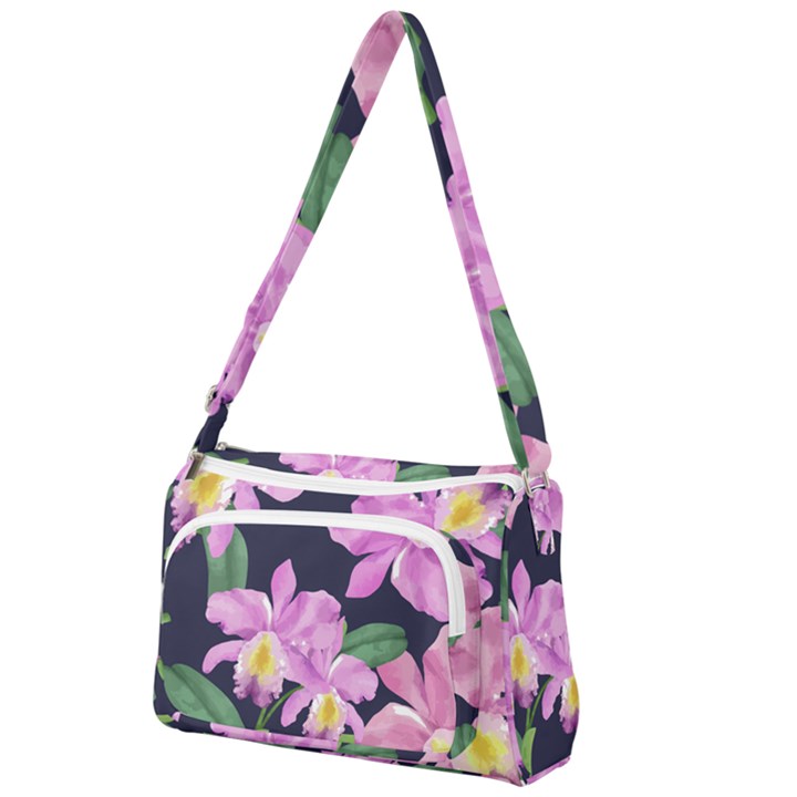 Vector Hand Drawn Orchid Flower Pattern Front Pocket Crossbody Bag