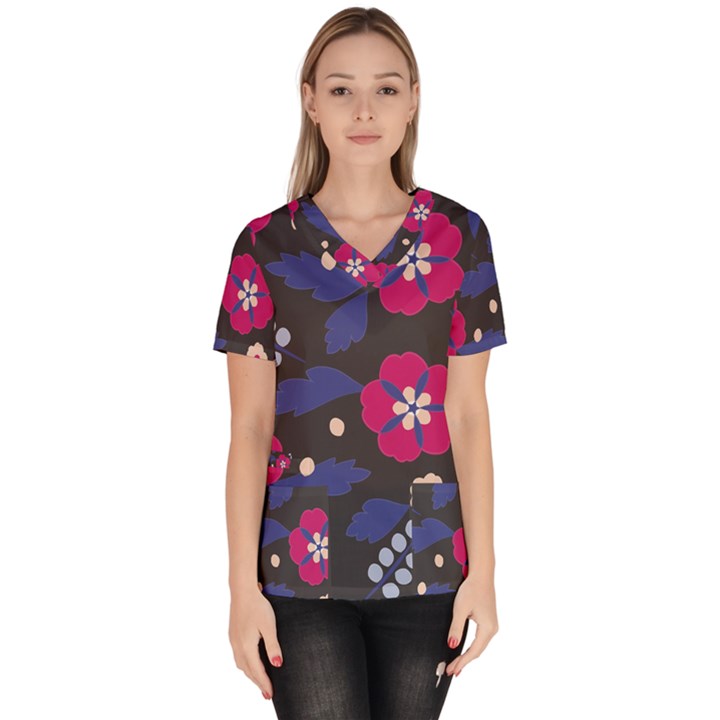 Vector Seamless Flower And Leaves Pattern Women s V-Neck Scrub Top