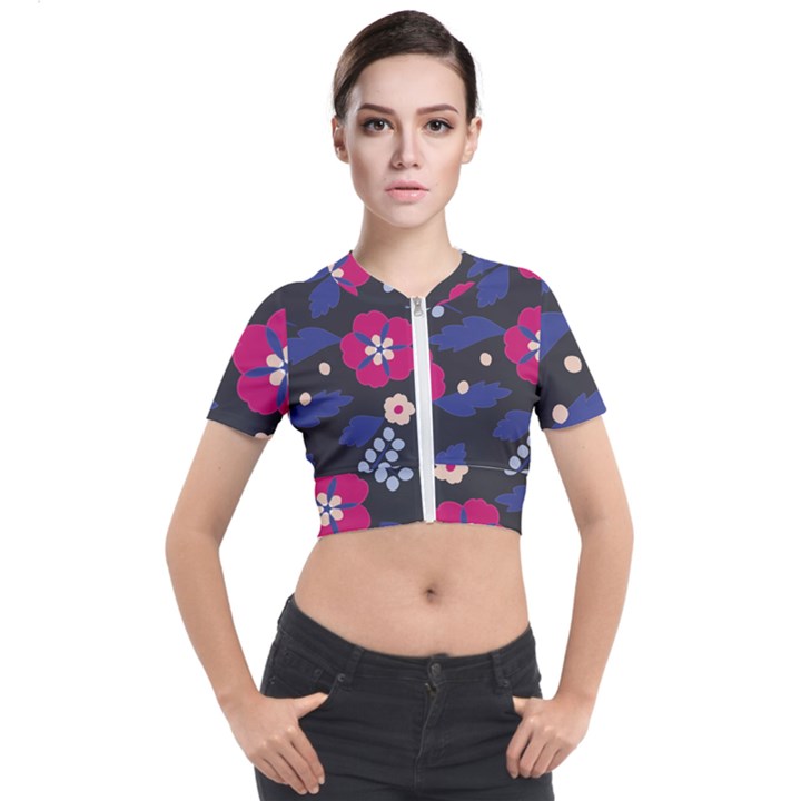 Vector Seamless Flower And Leaves Pattern Short Sleeve Cropped Jacket