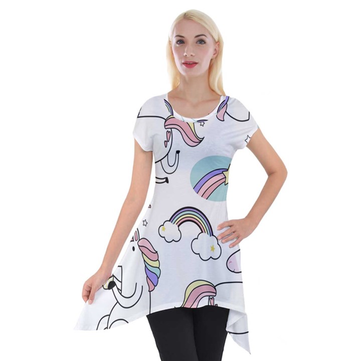 Cute Unicorns With Magical Elements Vector Short Sleeve Side Drop Tunic