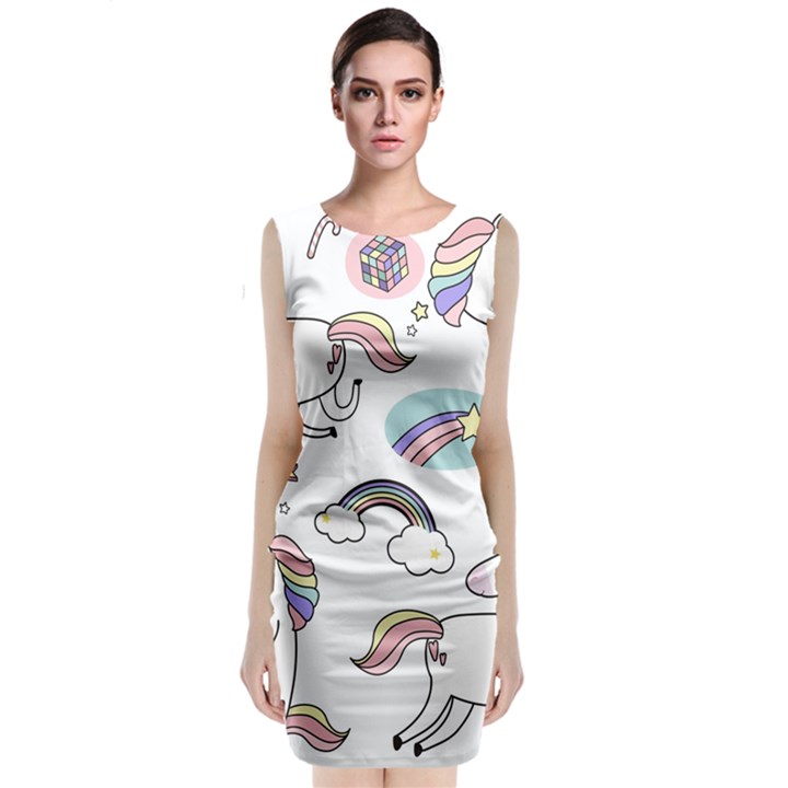 Cute Unicorns With Magical Elements Vector Sleeveless Velvet Midi Dress