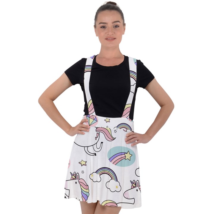 Cute Unicorns With Magical Elements Vector Velvet Suspender Skater Skirt