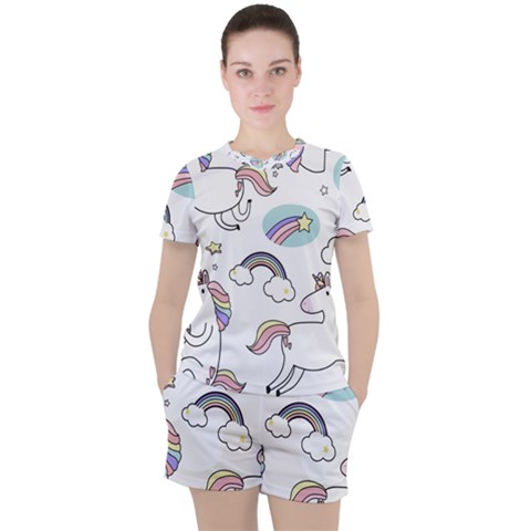 Cute Unicorns With Magical Elements Vector Women s Tee And Shorts Set by Sobalvarro