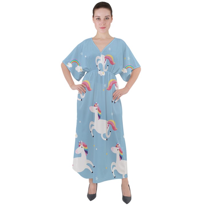 Unicorn Seamless Pattern Background Vector (2) V-Neck Boho Style Maxi Dress