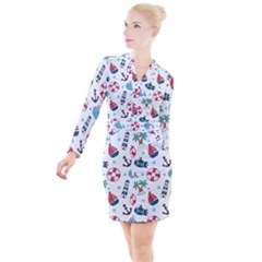 Seamless Pattern Nautical Icons Cartoon Style Button Long Sleeve Dress by Vaneshart