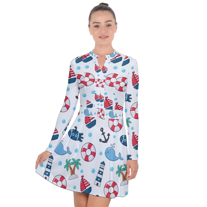 Seamless Pattern Nautical Icons Cartoon Style Long Sleeve Panel Dress