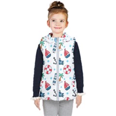 Seamless Pattern Nautical Icons Cartoon Style Kids  Hooded Puffer Vest by Vaneshart