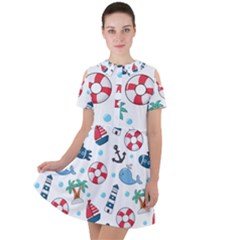 Seamless Pattern Nautical Icons Cartoon Style Short Sleeve Shoulder Cut Out Dress  by Vaneshart