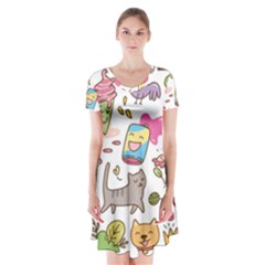 Set Kawaii Doodles Short Sleeve V-neck Flare Dress by Vaneshart