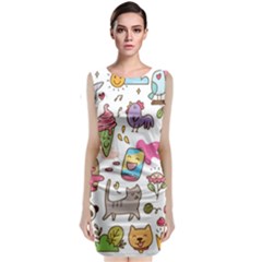 Set Kawaii Doodles Sleeveless Velvet Midi Dress by Vaneshart