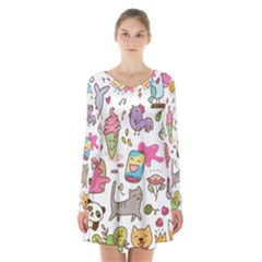 Set Kawaii Doodles Long Sleeve Velvet V-neck Dress by Vaneshart