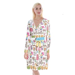 Set Kawaii Doodles Long Sleeve Velvet Front Wrap Dress by Vaneshart