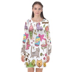 Set Kawaii Doodles Long Sleeve Chiffon Shift Dress  by Vaneshart