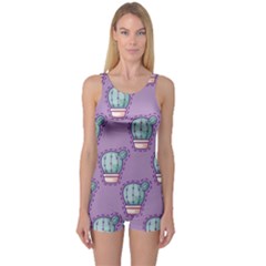 Seamless Pattern Patches Cactus Pots Plants One Piece Boyleg Swimsuit by Vaneshart