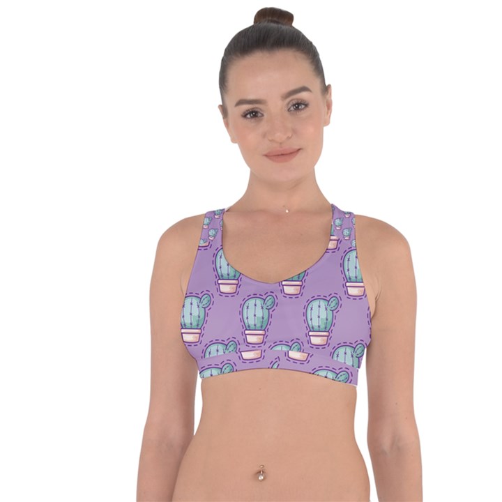 Seamless Pattern Patches Cactus Pots Plants Cross String Back Sports Bra