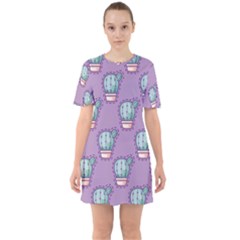 Seamless Pattern Patches Cactus Pots Plants Sixties Short Sleeve Mini Dress by Vaneshart