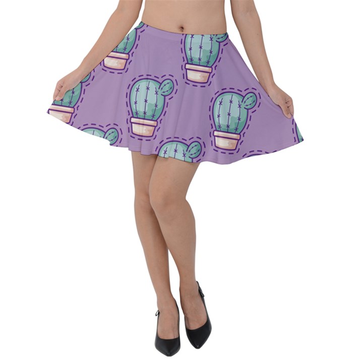 Seamless Pattern Patches Cactus Pots Plants Velvet Skater Skirt