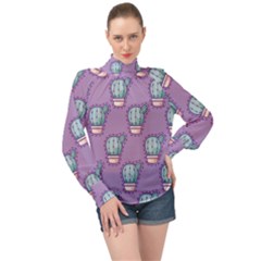 Seamless Pattern Patches Cactus Pots Plants High Neck Long Sleeve Chiffon Top by Vaneshart