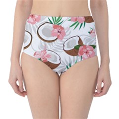 Seamless Pattern Coconut Piece Palm Leaves With Pink Hibiscus Classic High-waist Bikini Bottoms by Vaneshart