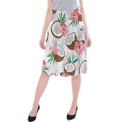 Seamless Pattern Coconut Piece Palm Leaves With Pink Hibiscus Midi Beach Skirt by Vaneshart