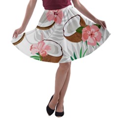 Seamless Pattern Coconut Piece Palm Leaves With Pink Hibiscus A-line Skater Skirt by Vaneshart