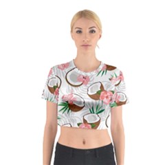 Seamless Pattern Coconut Piece Palm Leaves With Pink Hibiscus Cotton Crop Top