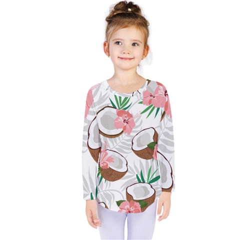 Seamless Pattern Coconut Piece Palm Leaves With Pink Hibiscus Kids  Long Sleeve Tee by Vaneshart